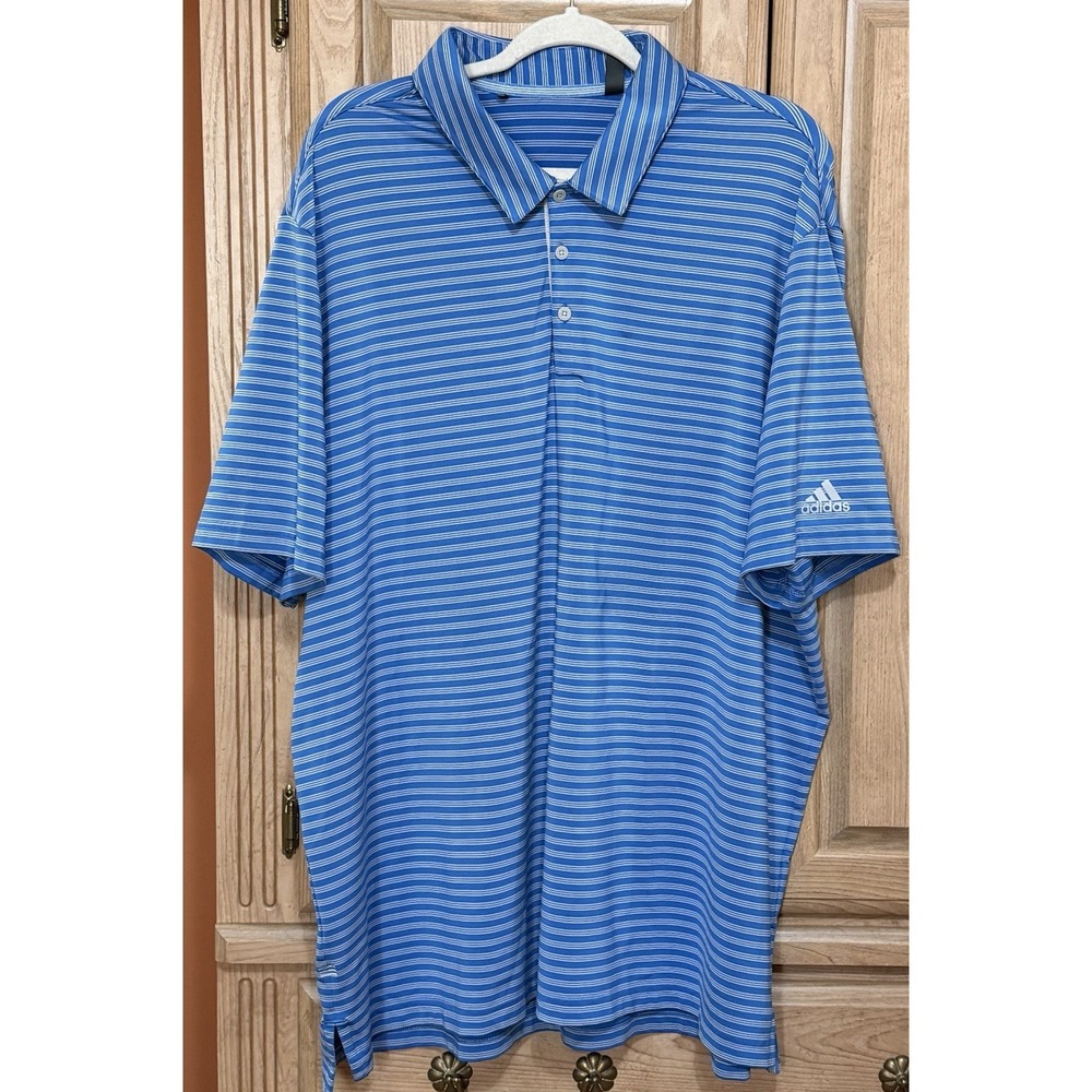 Adidas Golf Polo Shirt Mens Size 2XL Blue Striped Performance Short Sleeve Sport